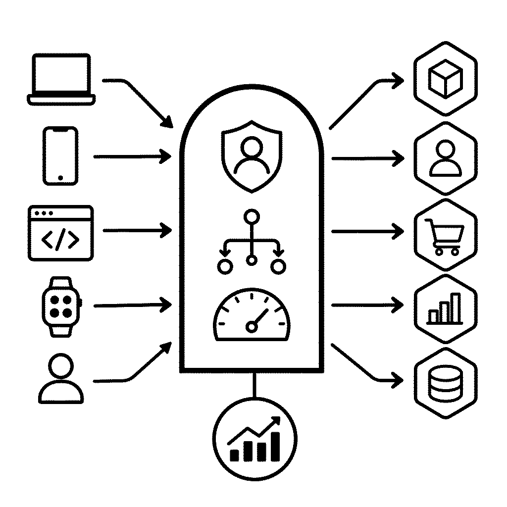 Schema: Anfragen von App, Website und fremdem Programm laufen von links auf ein API-Gateway zu. Im Gateway sind vier Prüfschritte benannt: Schlüsselprüfung, Rate Limiting, Weiterleitung, Protokollierung. Rechts davon führen Pfeile zu vier getrennten Diensten: Login, Bezahlung, Suche und Sprachmodell.